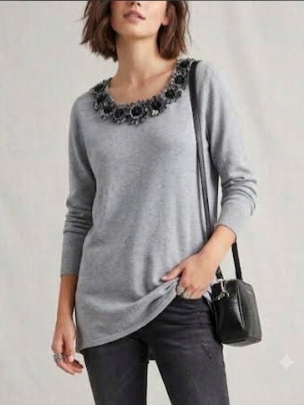 Carolyn Taylor Gray Embellished Floral Neckline Sweater- Size M